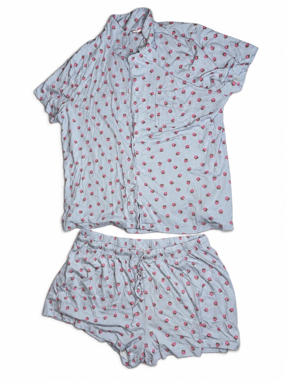 La Vie en Rose Pajama Set XXL Blue Pink Raspberry Print Button Down Shorts 2pc - Picture 2 of 7